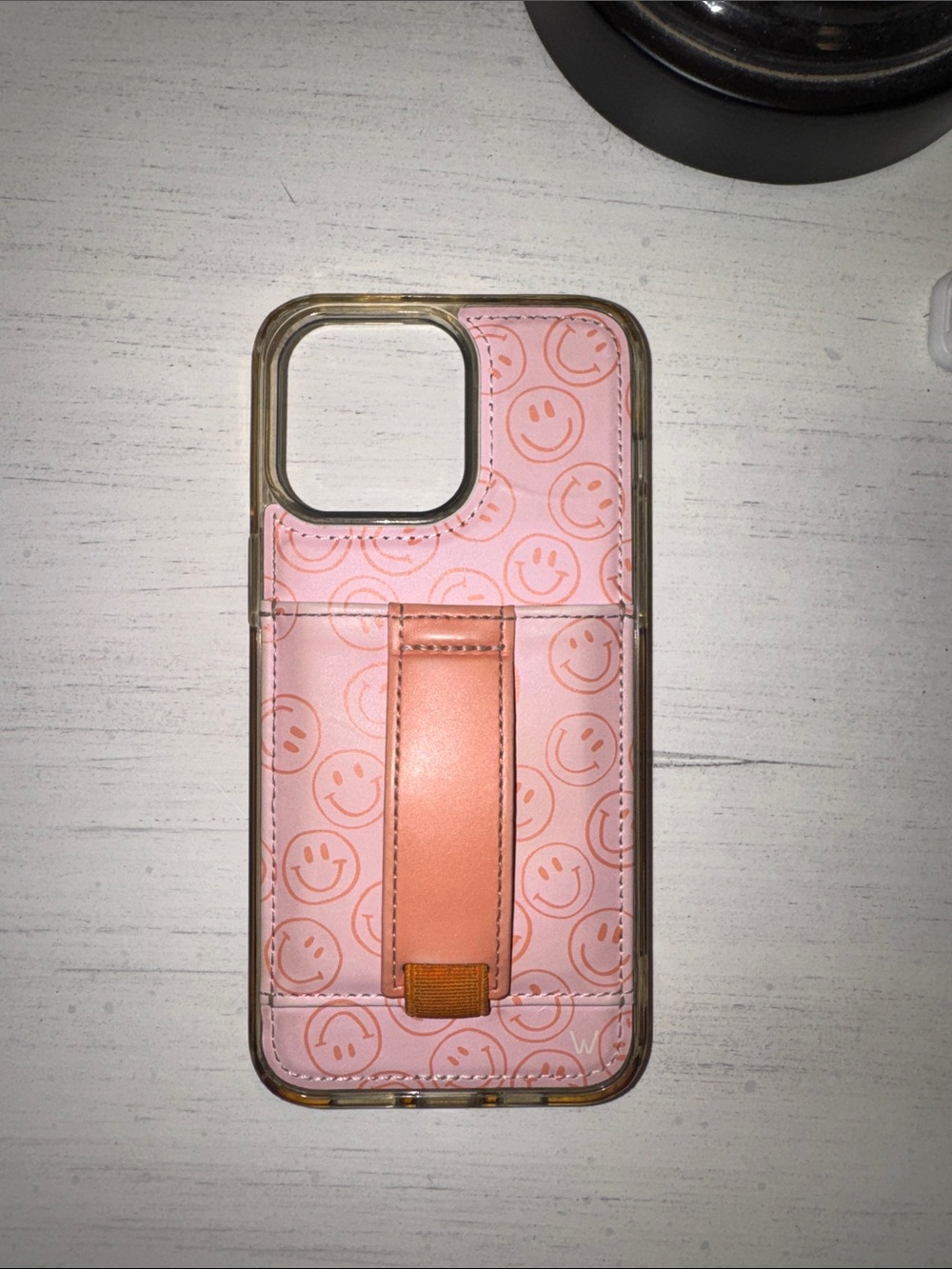 Pink Smiley Card-Holder Phone Case with Hand Strap
